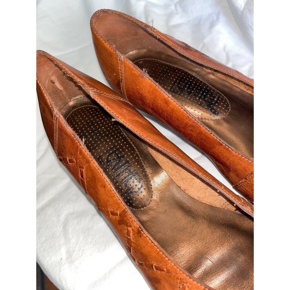 Vtg Leather Kitten Heel Brown Pumps Shoes Rustic Boho Stitch Accent Casual Wom 8 - Picture 10 of 13